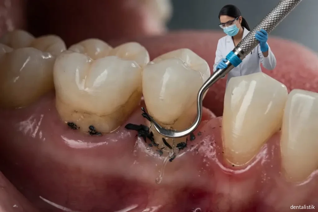 Dentist performing periodontal scaling and root planing using a dental curette on a patient's tooth