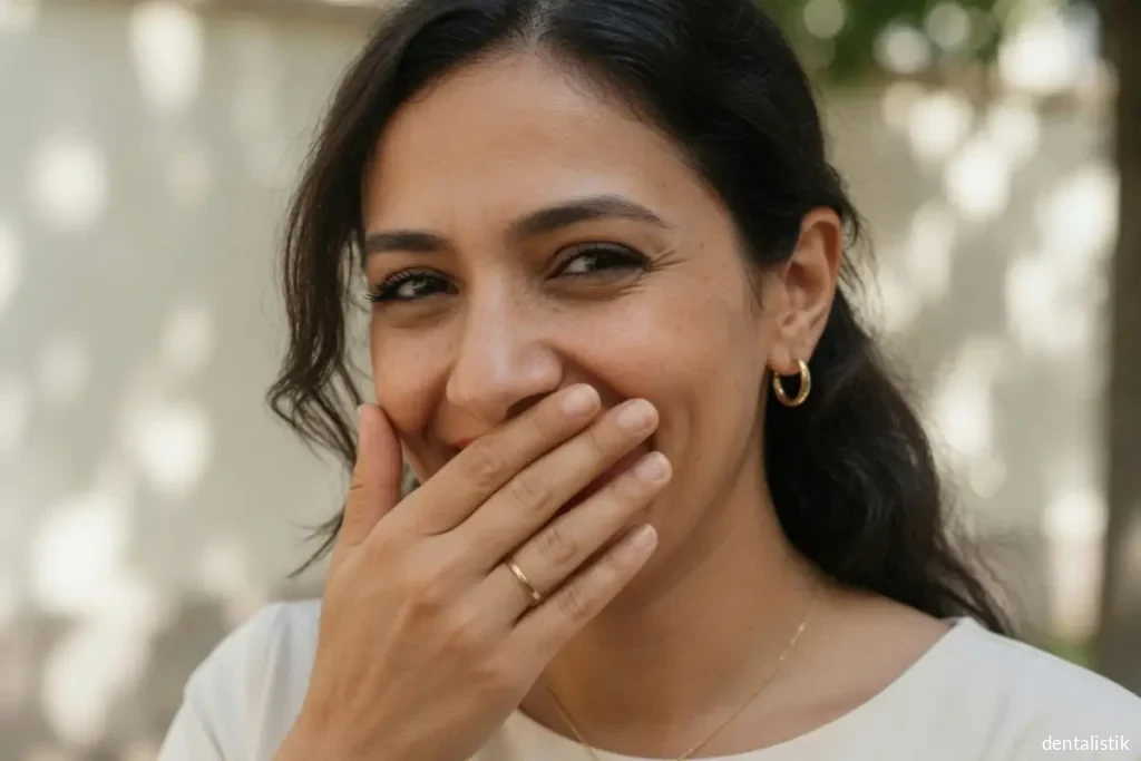 Woman covering her mouth with her hand, hiding her smile because of front teeth decay