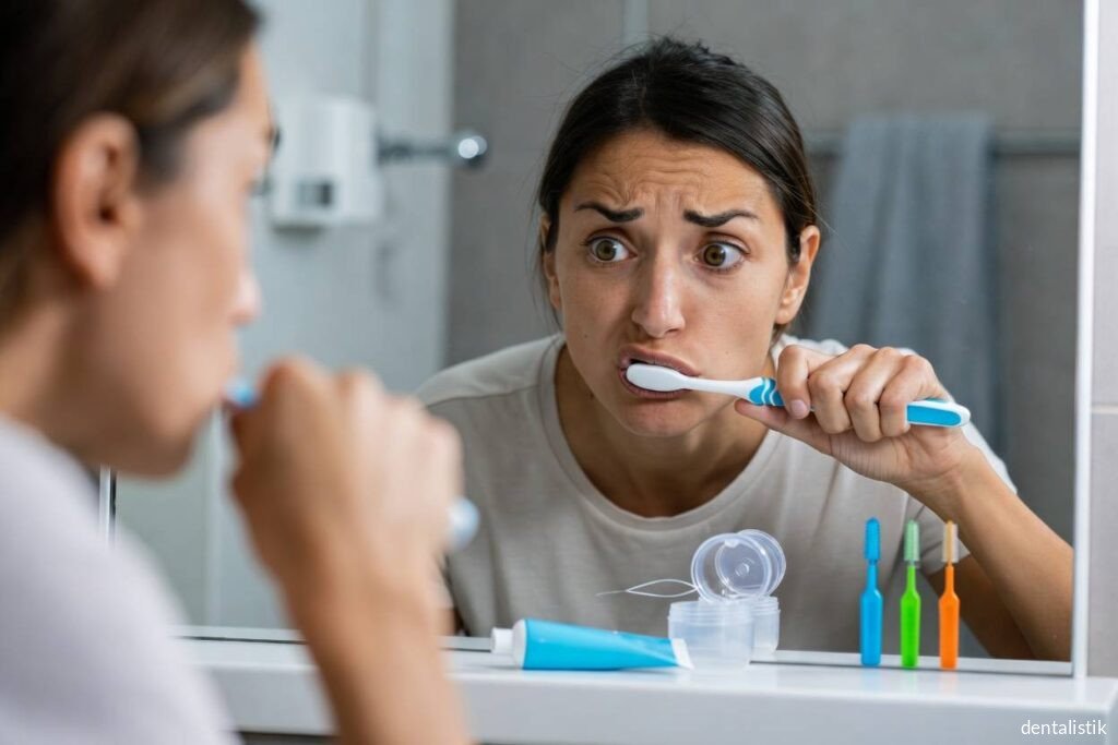 Woman with a surprised expression brushing her teeth, with dental floss and interdental brushes on the counter